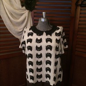 Lily White Black & Cream Kitty Cat Blouse NWT